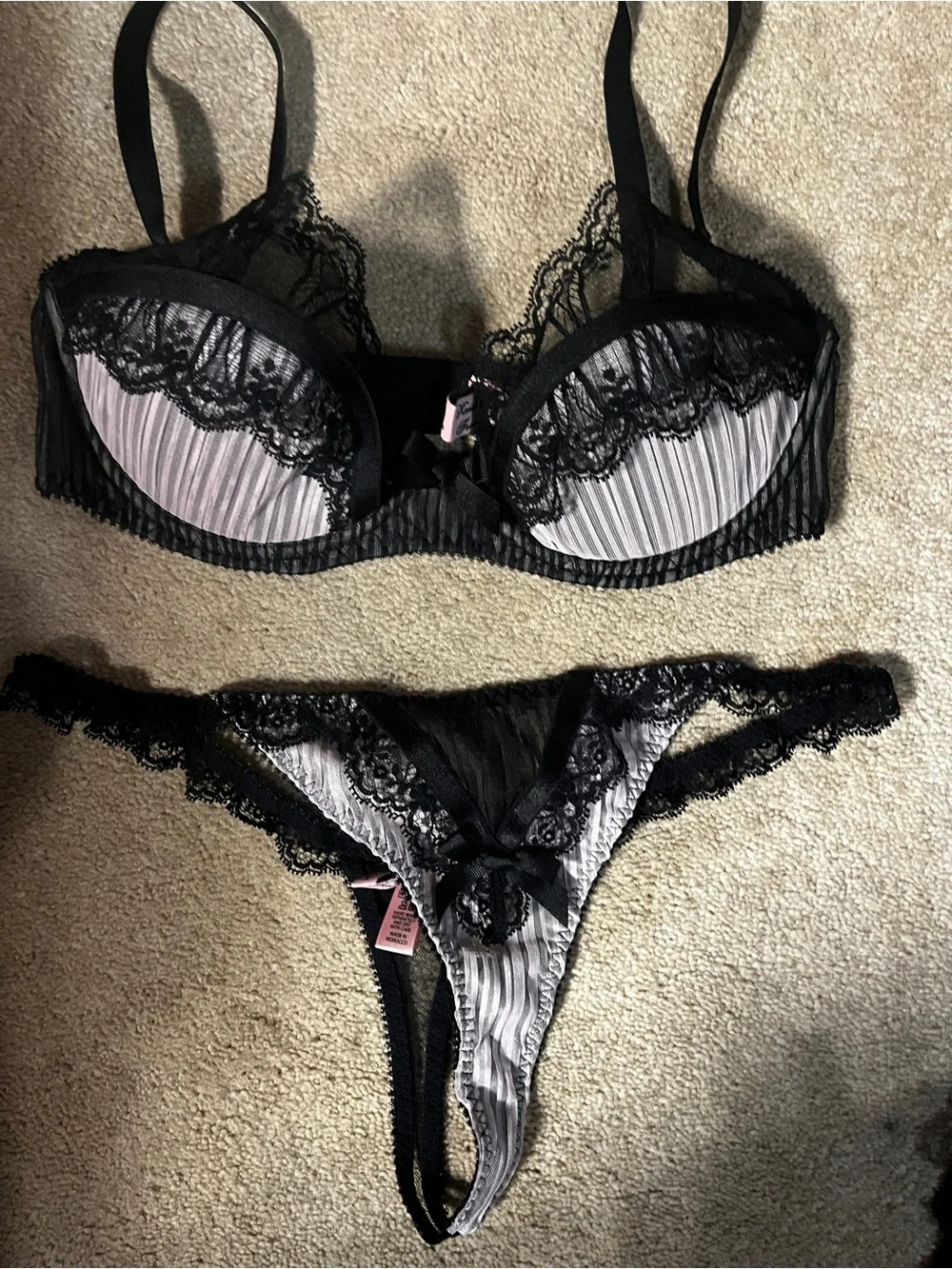 Agent provocateur Black & pink Lace Trim Bra, brief, thong Fifi set